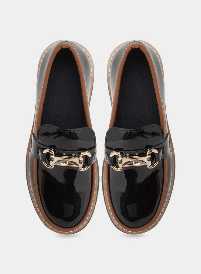 Take Two  Black Metal Buckle Detail Thick Sole Platform Loafers for Women | Best Price UAE